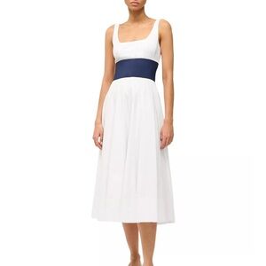 STAUD Rig Dress White Midi Dress with Navy Band NWT 14